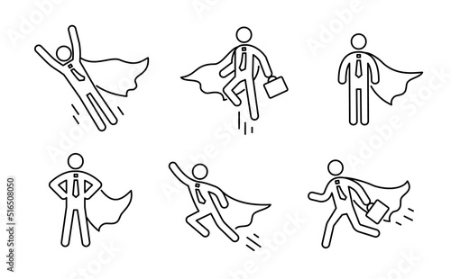 Superhero business pictogram man line icon set. Superhero businessman flying outline figure. Victory worker, employer pictogram person. Vector illustration.