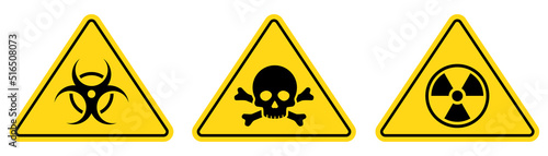 Danger toxic, poison, toxic, biohazard caution sign. Skull, virus, chemical danger yellow triangle symbol element. Vector illustration