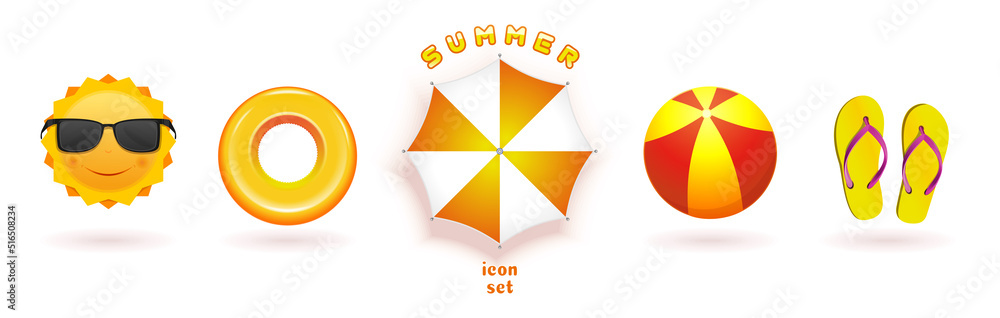 Summer icon set. A collection of bright colored icons on the topic of summer vacation. Vector illustration Summer icon set. A collection of bright colored icons on the topic of summer vacation. Vector illustration