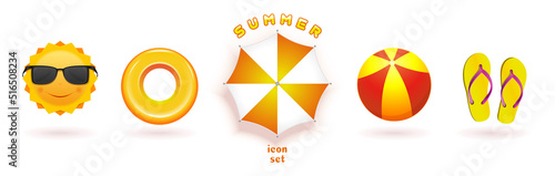Summer icon set. A collection of bright colored icons on the topic of summer vacation. Vector illustration