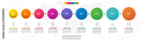 Modern and simple flat vector illustration. Infographic template with nine circles, elements, sectors and arrows. Designed for business, presentations, web design, interface 9 step diagrams