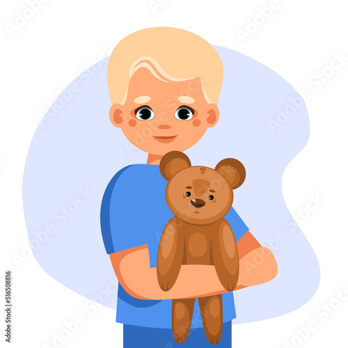 Little girl holding toy bear in his hands. Charity society protecting, upbringing assistive aid orphans organization. Concept of charitable support of children. Vector illustration.