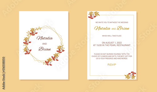 autumn wedding invitation with a frame and decorated with mountain ash branches