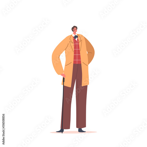 Elegant Confident Man of Nineteenth Century. English or French Gentleman in Frock Coat, Neck Tie, Vest and Walking Cane