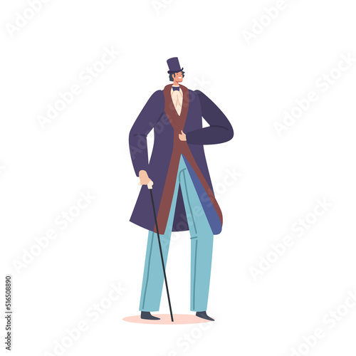 Vintage Gentleman Wearing Top Hat Isolated on White Background. Male Character in Ancient 19th Century Elegant Costume