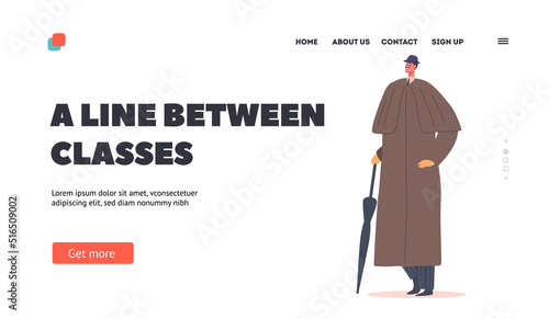 A Line Between Classes Landing Page Template. Elegant Man of Nineteenth Century. English Victorian Gentleman in Hat