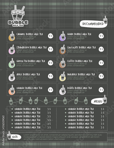 Bubble milk tea vector menu template. Bubble milk tea cartoon. Menu for cafe or restaurant.