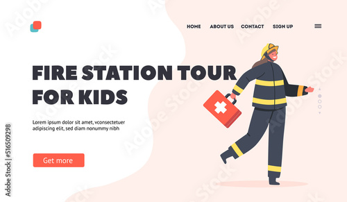 Fire Station Tour for Kids Landing Page Template. Fireman Girl Holding First Aid Kit. Kids Profession, Game, Brave Child