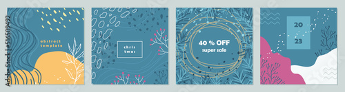 Trendy abstract art templates. Square banners for invitations, holiday posts, promotions. Christmas vector posters