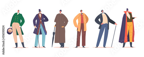 Set Victorian Gentlemen, 19th Century Aristocrats, Men of Nineteenth Century. Male Characters Wear Vintage Clothing