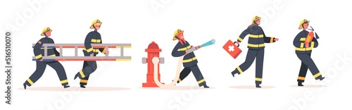 Set of Children Fire Fighters Characters in Uniform Holding Ladder, First Aid Kit, Extinguisher Spraying Water from Hose