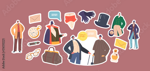 Set Stickers Victorian Gentlemen, English 19th Century Aristocrats, Male Characters Wear Vintage Clothing, Elegant Suits