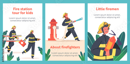 Fire Station Tour for Kids Cartoon Banners. Children Fire Fighters Characters in Uniform Holding Ladder, First Aid Kit