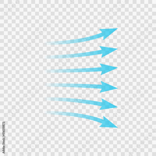 Air flow. Blue arrow showing direction of air movement. Wind direction arrow. Blue cold fresh stream from the conditioner. Vector illustration isolated on transparent background.