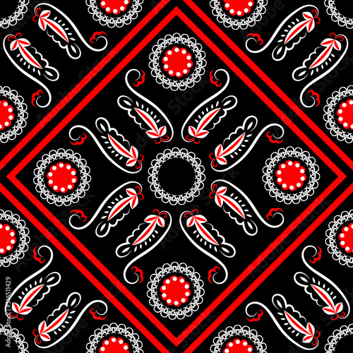 Floral three tone red black white ethnic pattern for fabric design, headscarf, hijab, tablecloth. Vector seamless background.