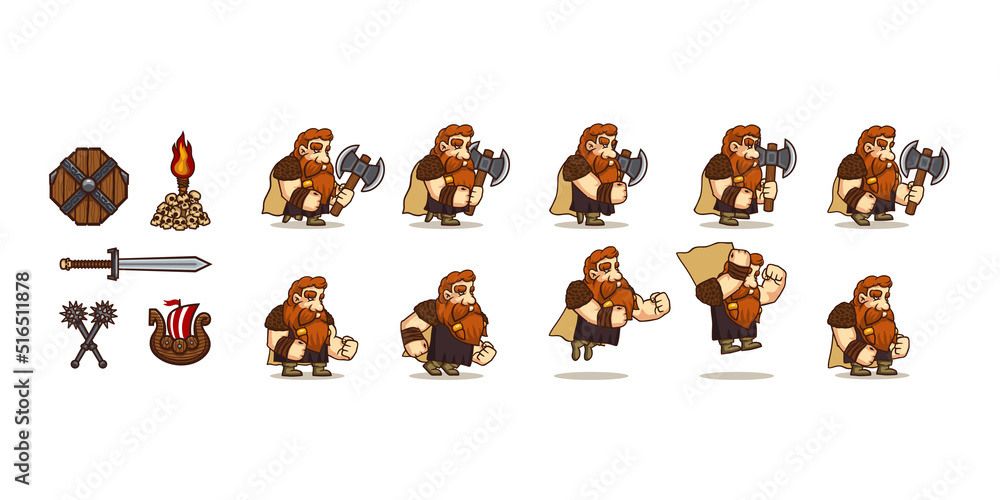 Game character viking walk and jump cycle sequence. Vector cartoon icons  set of sword, shield, torch, skulls, maces and wooden ship. Sprite sheet of  man warrior with axe for 2d animation Stock