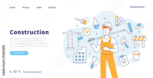 Construction and building doodle landing page. Repair service worker in uniform with roller tool. Builder, repairman, renovation employee or foreman character with equipment, Line art vector banner