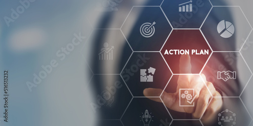 Business action plan concept. Business annual plan and development for achieving target. Business objectives, direction, strategy, plan, collaboration, timeline, budget management and implementation.
