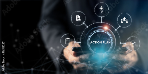 Business action plan concept. Business annual plan and development for achieving target. Business objectives, direction, strategy, plan, collaboration, timeline, budget management and implementation.