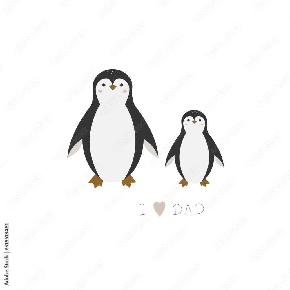 Fototapeta premium Cartoon cute penguin dad and baby. Phrase I love Dad. Kids print. Funny animal. Wall art nursery in the Scandinavian style. Design for textiles, T-shirts, postcards. Baby poster.