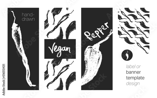 Black and white pepper pattern seamless. Hand-drawn vector illustrations of hot peppers and Jalapeno. Pepper doodles. Vegetable background. Concept of vegan food banner templates. Vegetarian backdrop.