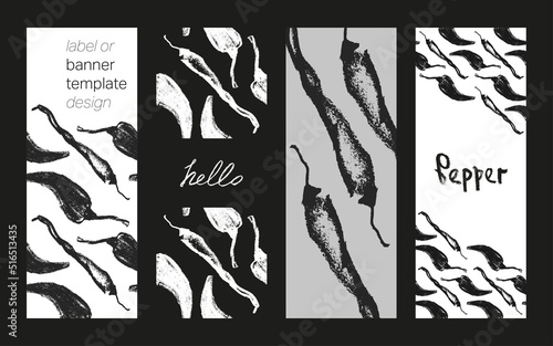 Black and white pepper pattern seamless. Hand-drawn vector illustrations of hot peppers and Jalapeno. Pepper doodles. Vegetable background. Concept of vegan food banner templates. Vegetarian backdrop.
