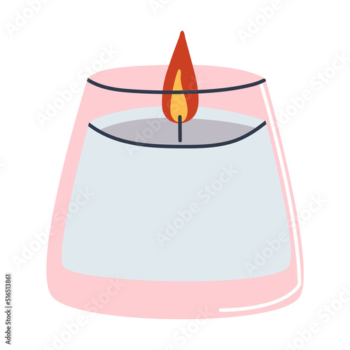 Candle in glass. Warm fire, candle lighting. Flat vector illustration. Eps10