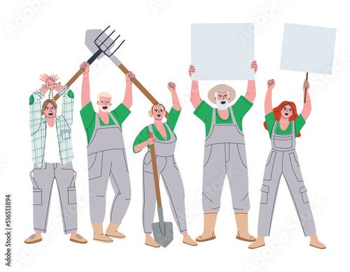 Group of workers of different sexes and ages went on strike. Men and women are angry and screaming. Flat vector illustration. Eps10 photo
