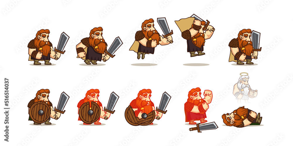 Viking cartoon character sprite sheet animation for 2d rpg game.  Scandinavian warrior personage fight with sword, dying in battle with soul  fly out of dead body animated effect, Vector illustration Stock Vector |