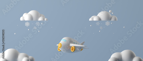 3d airplane travel concept flying on the clouds and snow drop winter weather. 3d cartoon concept for banner, cover, greeting card, brochure, poster. 3d rendering illustration