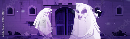 Spooky ghosts near abandoned castle gates at night. Cartoon Halloween characters floating at haunted house facade with broken walls. Funny yelling spooks near old palace entrance, Vector illustration