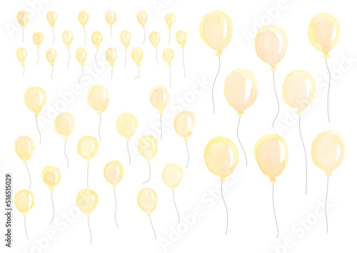 水彩、風船、バルーン、デザイン素材、イエロー