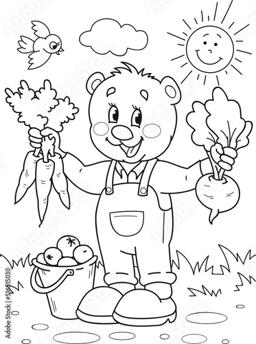 Coloring page outline of cartoon cute bear with vegetables and fruits. Colorful vector illustration, summer coloring book for kids.