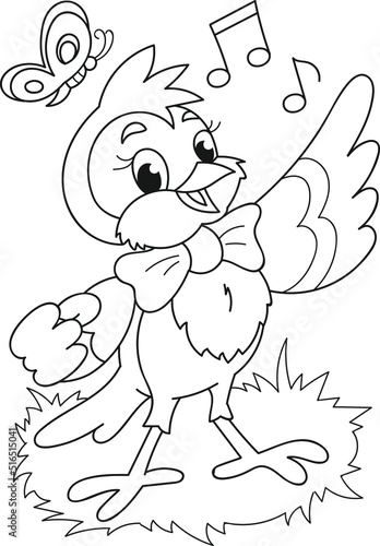 Coloring page outline of cartoon smiling cute little singing bird. Colorful vector illustration, summer coloring book for kids.