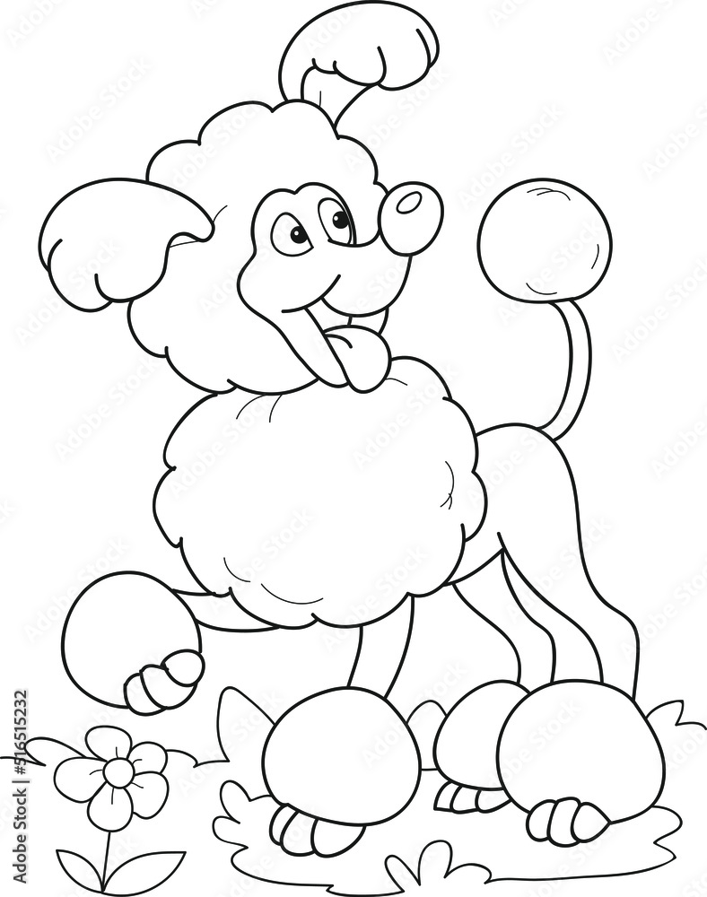 Obraz premium Coloring page outline of cartoon smiling cute poodle dog. Colorful vector illustration, summer coloring book for kids.