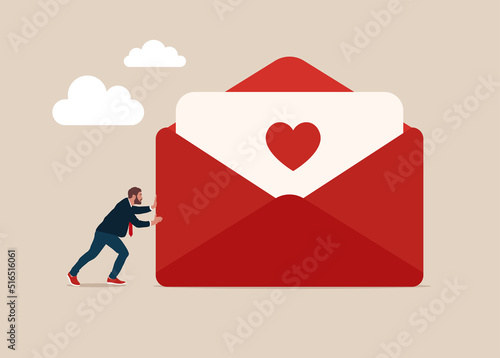 Man in love pushes big love envelope. Metaphor of love letter, romantic message.  Cartoon vector illustration.
