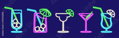 Cocktail Neon Design Element. Glasses with drink. Cocktail Bar, Pub. Popular Alcoholic beverage. Vector illustration
