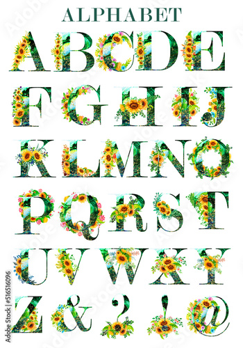 Watercolor collection of romantic green letters with hand drawn sunflowers,flowers and leaves. Alphabet English set .Suitable for poster printing, print, for design work, for cards and wedding invitat
