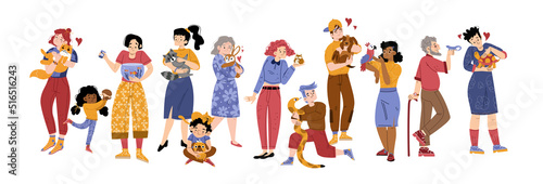 People with pets, male and female characters spend time with their home animals hedgehog, raccoon, hamster and snake, fish, rabbit, parrot, turtle, lizard and parrot Line art flat vector illustration