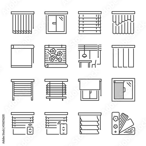 Window blinds icons set. Statutory different types of blinds, linear icon collection. Line with editable stroke