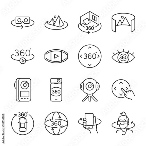 360-degree view icons set. Content and devices for a complete overview of the mordant, vr, ar, linear icon collection. Line with editable stroke