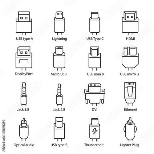 Cable connectors icons set. Different types of device connection interface, linear icon collection. Line with editable stroke