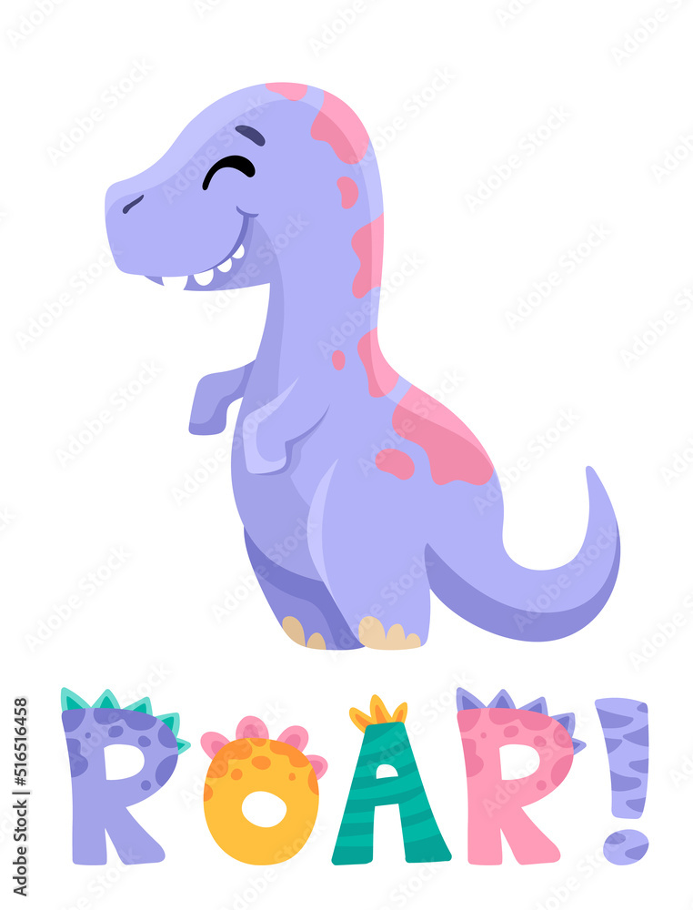Obraz premium Cute dinosaur with roar lettering for birthday greeting card, baby shower invitation, nursery posters. Vector cartoon illustration in scandinavian style.