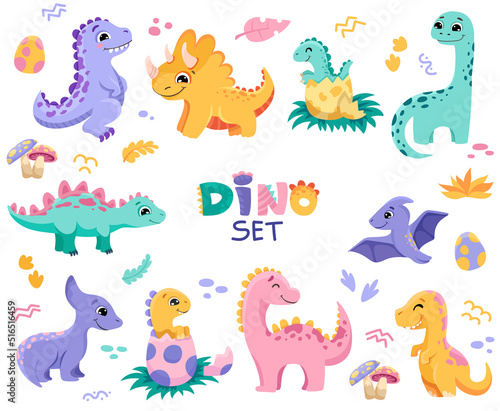 Big Set of cute baby dinosaurs. Hand drawn brontosaurus, tyrannosaurus, and triceratops for birthday greeting cards, baby shower invitations, posters. Vector cartoon colorful illustration