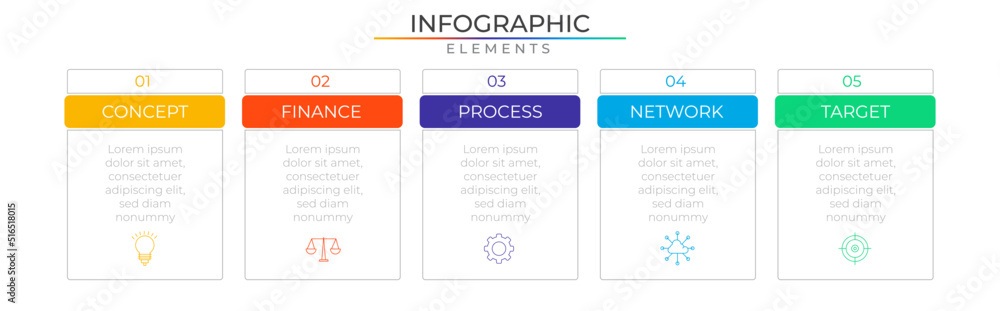 Five option business infographic elements network concept design vector with icons. Project plan template for presentation and report. Five option business infographic elements network concept design vector with icons. Project plan template for presentation and report.
