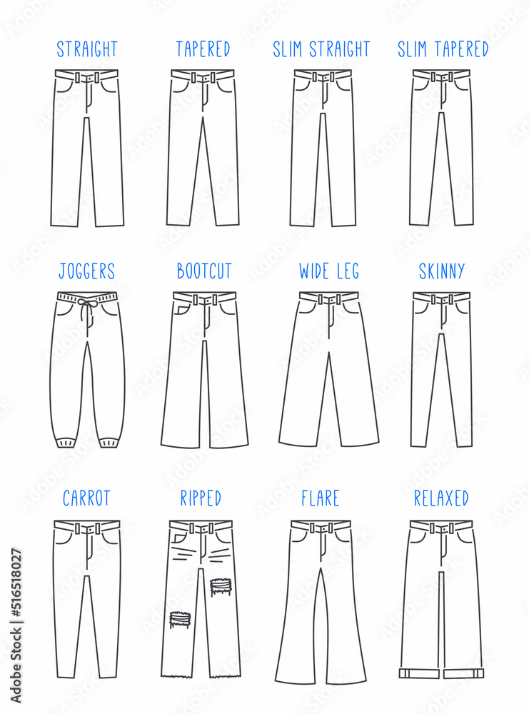 Vecteur Stock Jeans styles for men. Line icons of jean pants different fit.  Male denim trousers guide. Outline flat illustration. Straight fit, wide  leg, slim, skinny, joggers, relaxed, bootcut jeans, carrot model