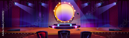 Stage for talent show with round podium, spotlights, mic and jury chairs. Vector cartoon illustration of empty scene in television studio for events, concerts, music or comedy contest