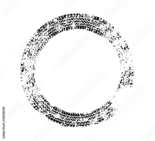 Auto tire tread grunge circle frame. Car and motorcycle tire pattern, wheel tyre tread track. Black tyre round border. Vector illustration isolated on white background.