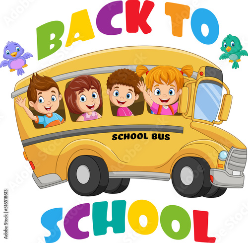 Back to school. Happy children riding on school bus