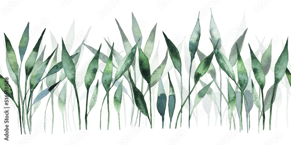 Fototapeta premium Set of watercolor elements grass collection garden, green grass, leaves, branches, botanical illustration isolated on background